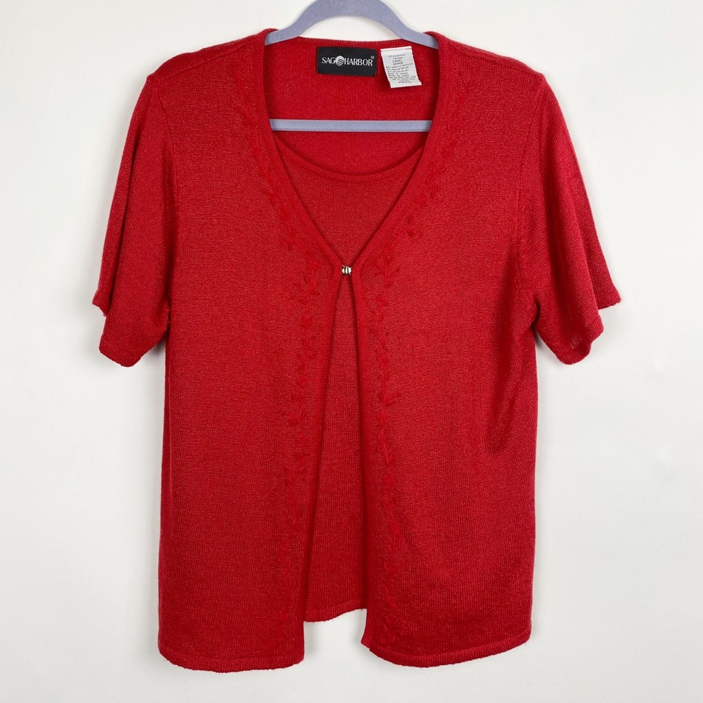 Sag Harbor Embroidered Attached Twinset Sweater Top Women Large Red Short Sleeve